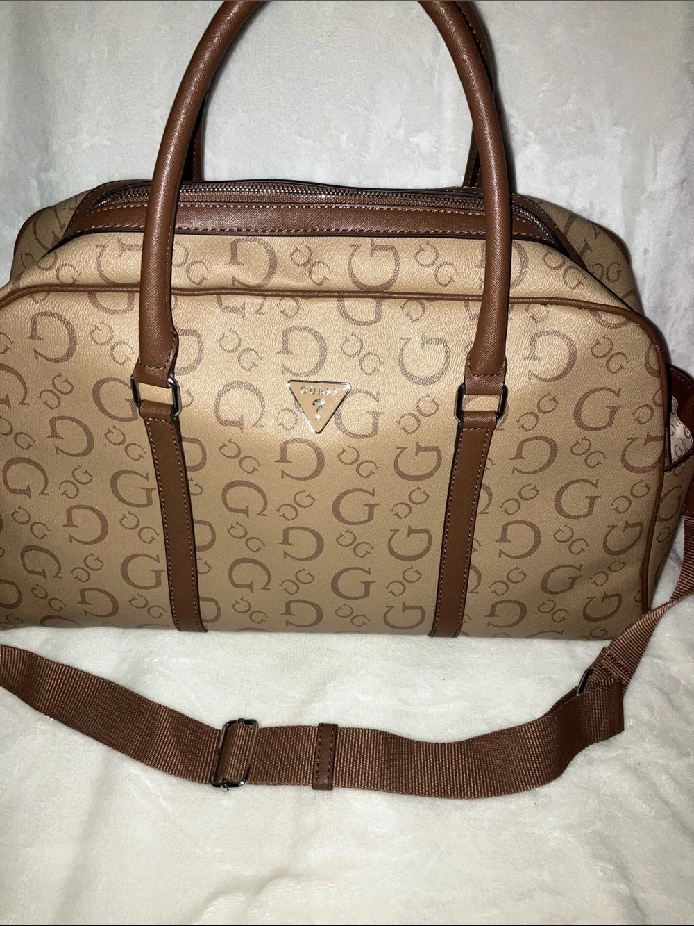GUESS Tan and Brown Logo Duffel Bag